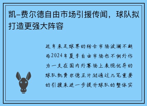 凯-费尔德自由市场引援传闻，球队拟打造更强大阵容